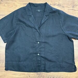 Quince Women XL Shirt Black 100% European Linen Short Sleeve Button Up Camp Luxe